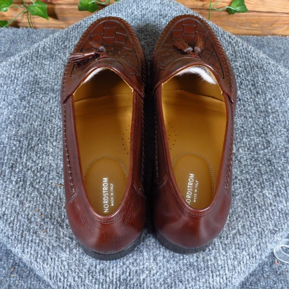 Nordstrom 61094 Mens Tassel Loafer Size 12 Dress Shoes Brown Woven Leather Italy